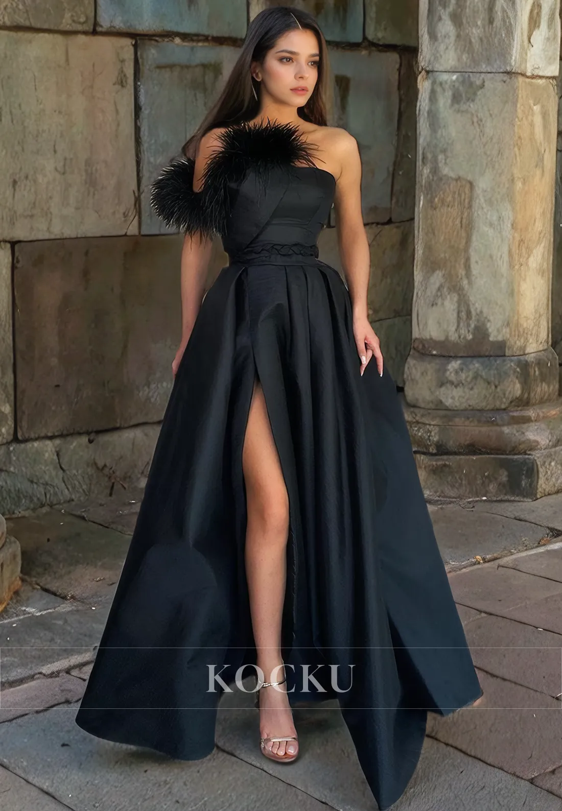 A-Line One Shoulder Satin Feathers Long Prom Dress with Slit