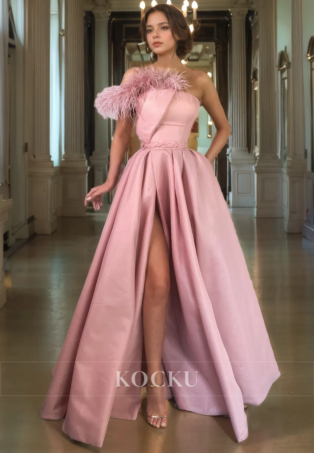 A-Line One Shoulder Satin Feathers Long Prom Dress with Slit