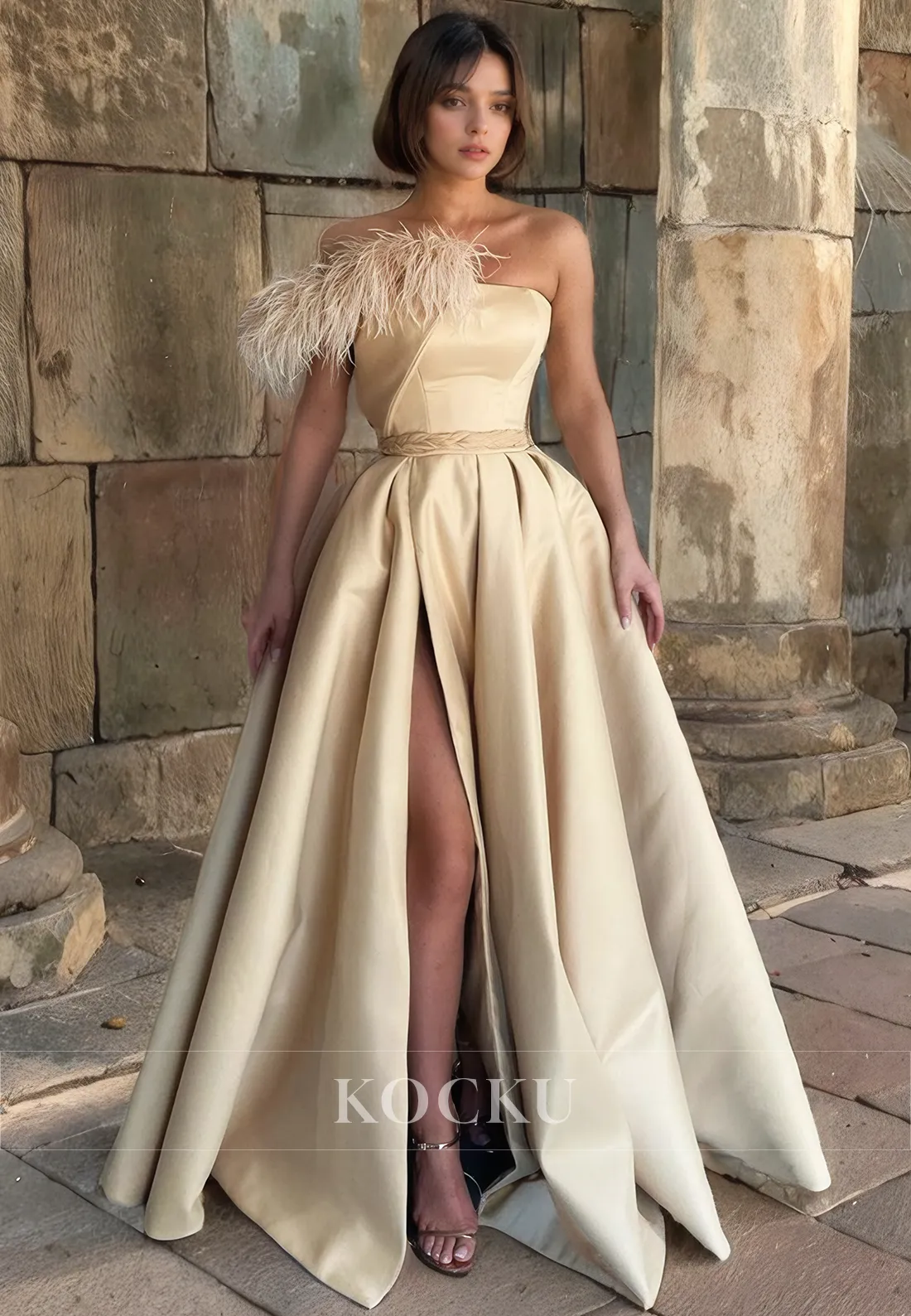 A-Line One Shoulder Satin Feathers Long Prom Dress with Slit