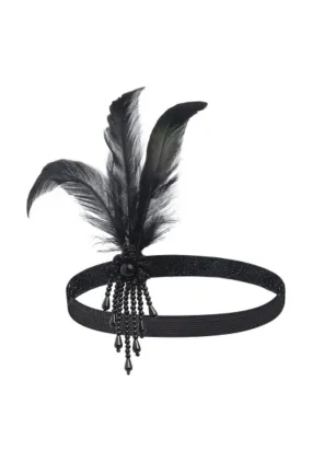 Black Feather & Black Bead Gatsby Headband