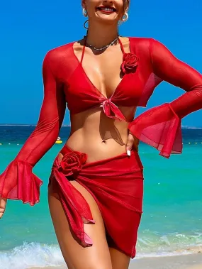 Chic Red Halter Neck Women’s Backless Bikini Skirt Swimsuit for Vacation Bliss