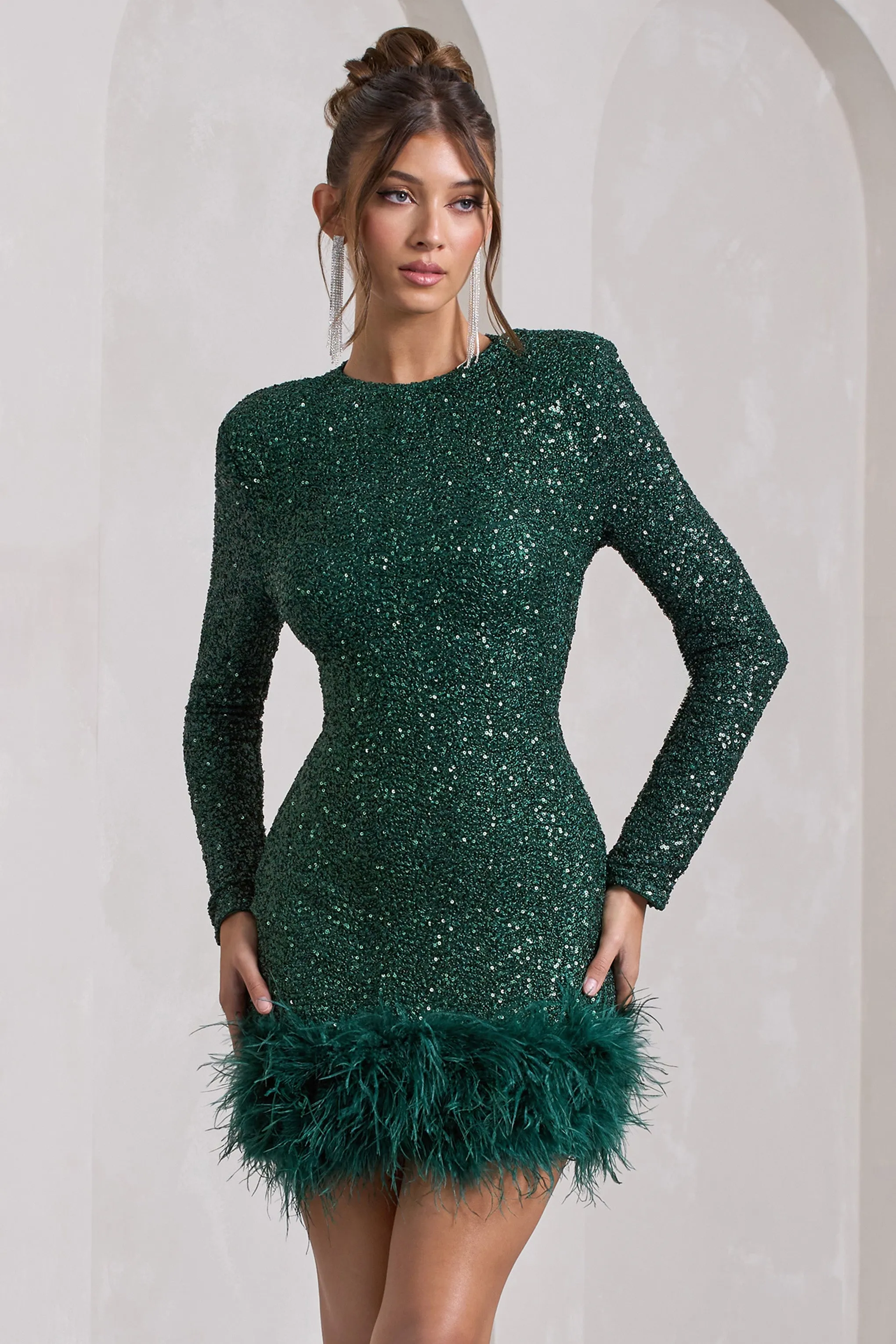 Claudia | Bottle Green Sequin High Neck Feather Hem Mini Dress With Long Sleeves