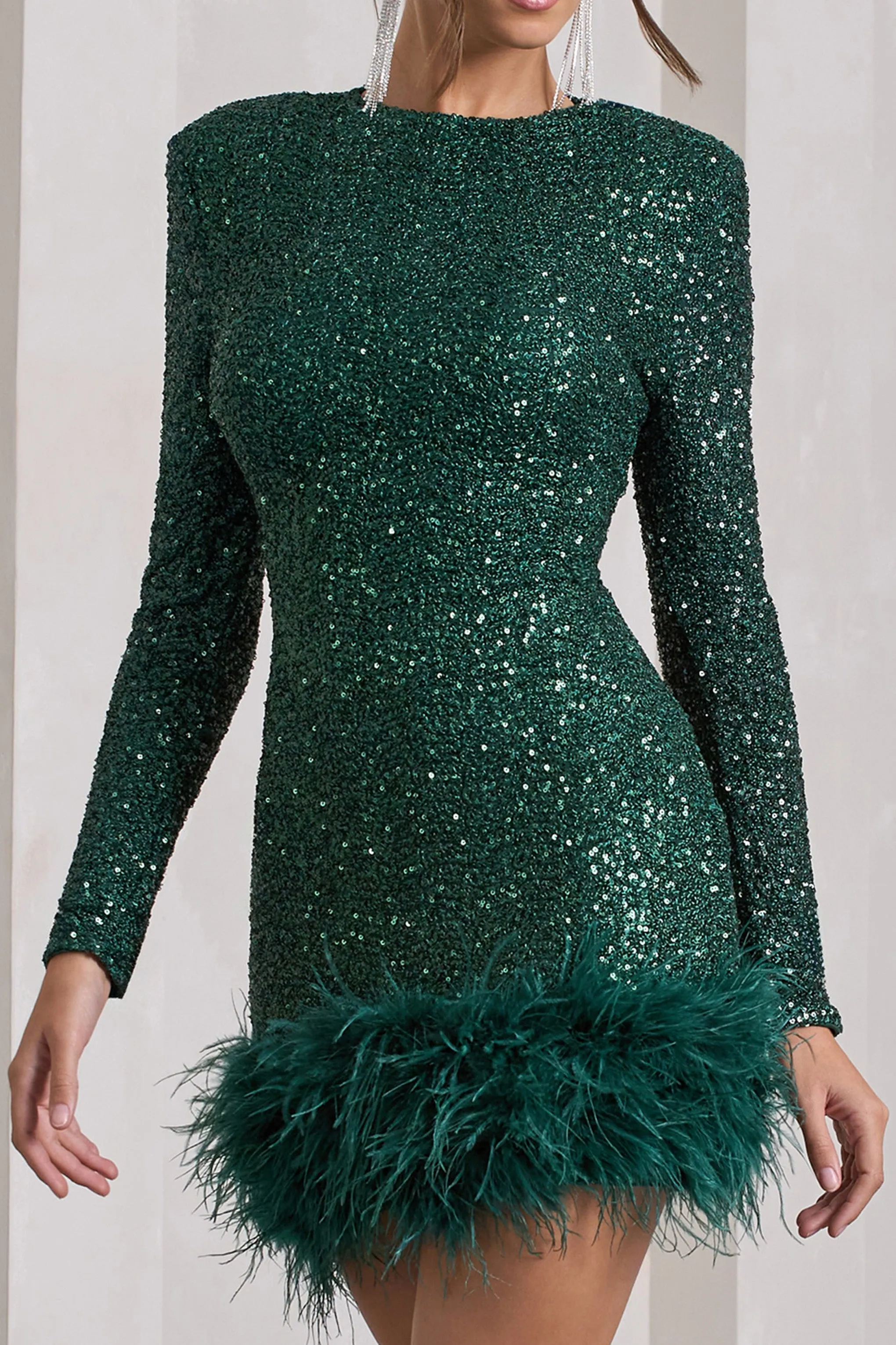 Claudia | Bottle Green Sequin High Neck Feather Hem Mini Dress With Long Sleeves