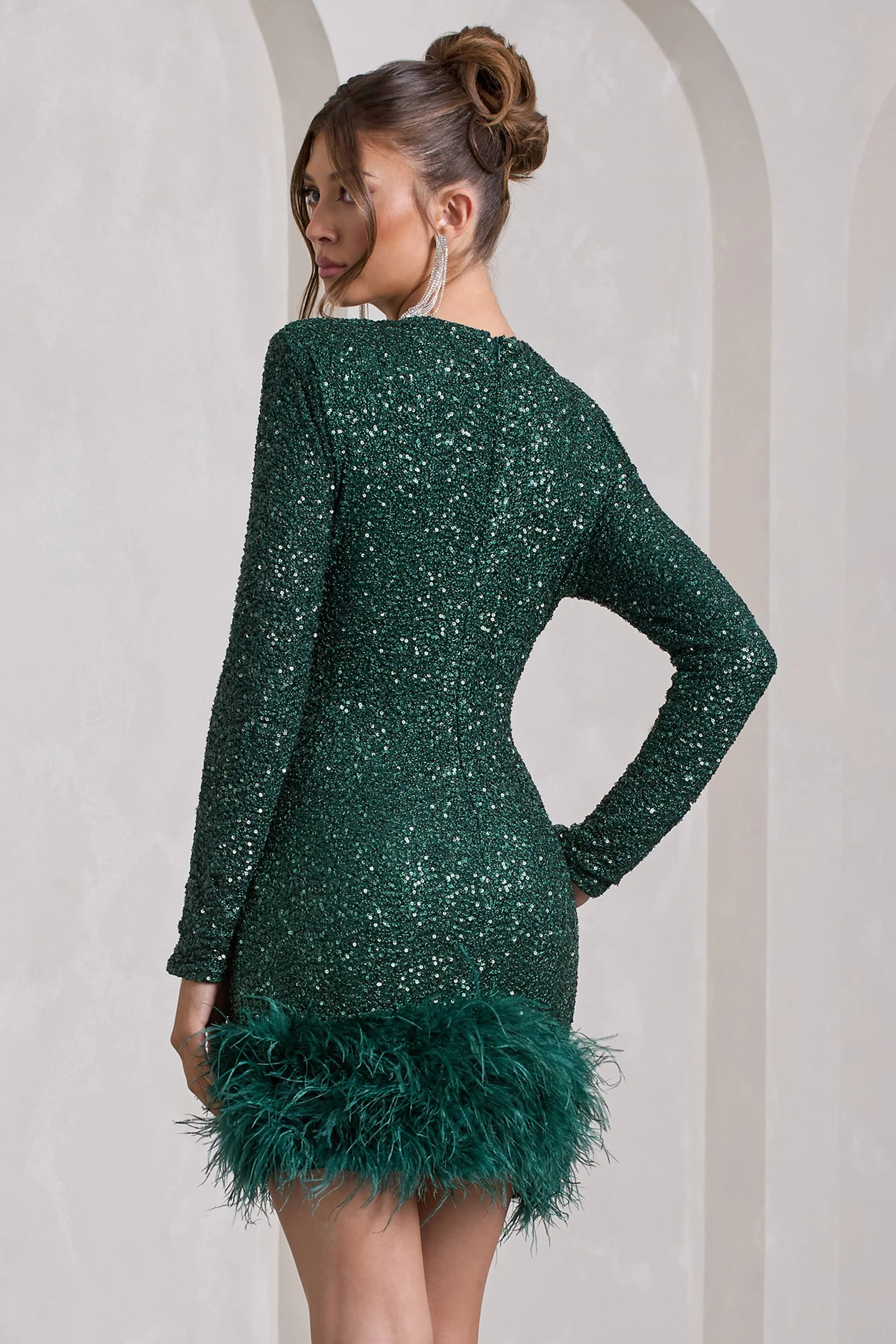 Claudia | Bottle Green Sequin High Neck Feather Hem Mini Dress With Long Sleeves