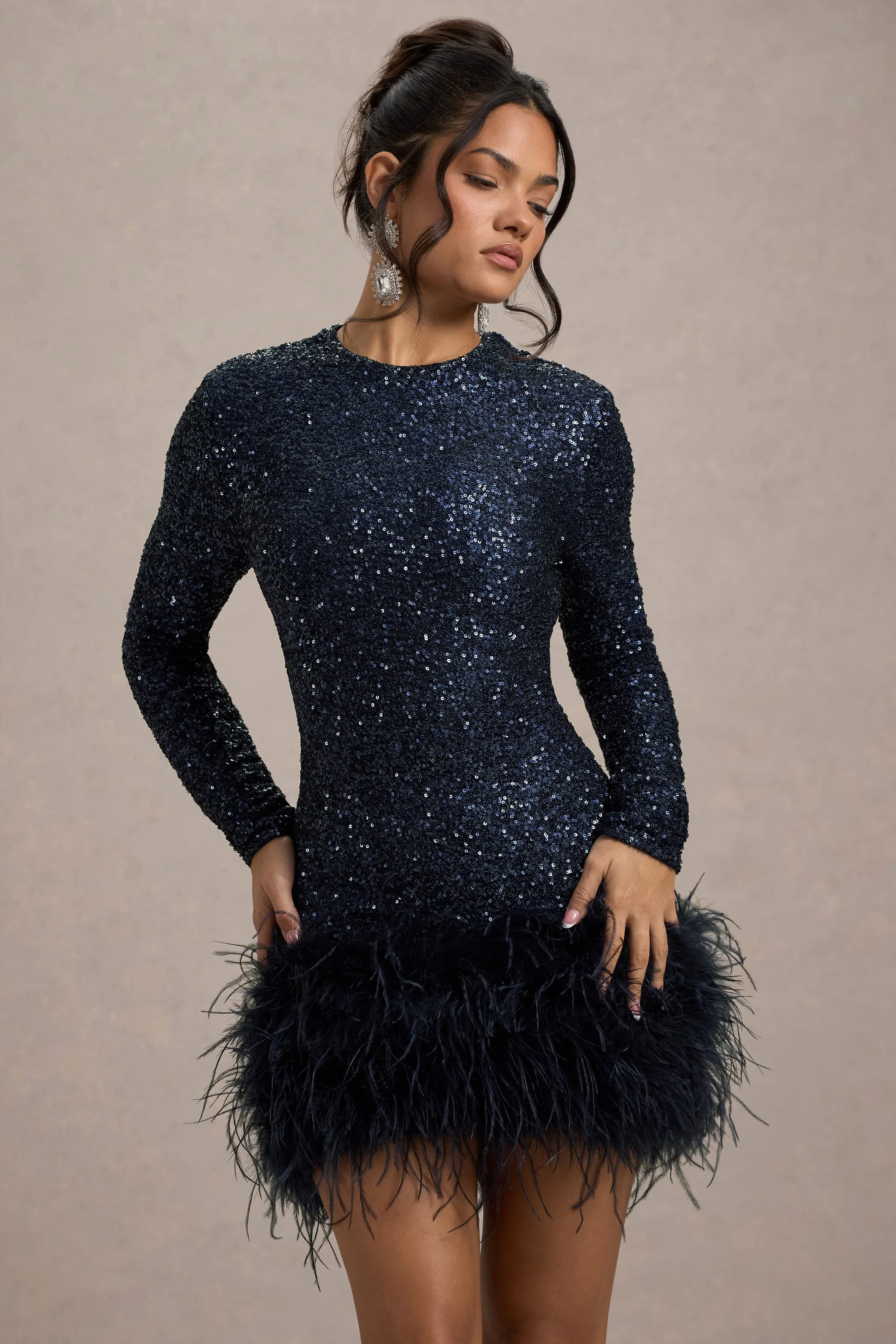 Claudia | Navy Sequin High Neck Feather Hem Mini Dress With Long Sleeves