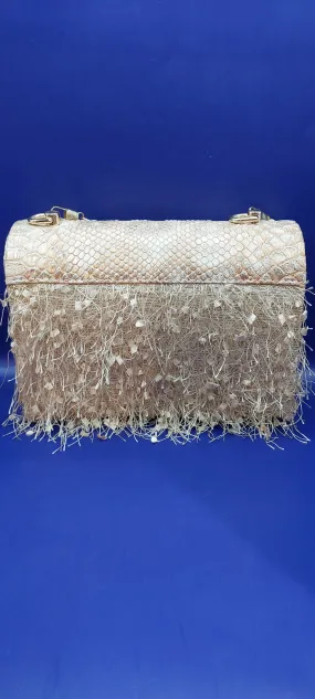 Gold Filly Faux Snakeskin Leather and Feathers Purse