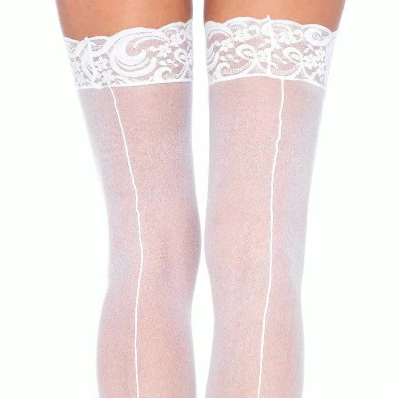 Lace Top Sheer Backseam Stockings White - Leg Avenue