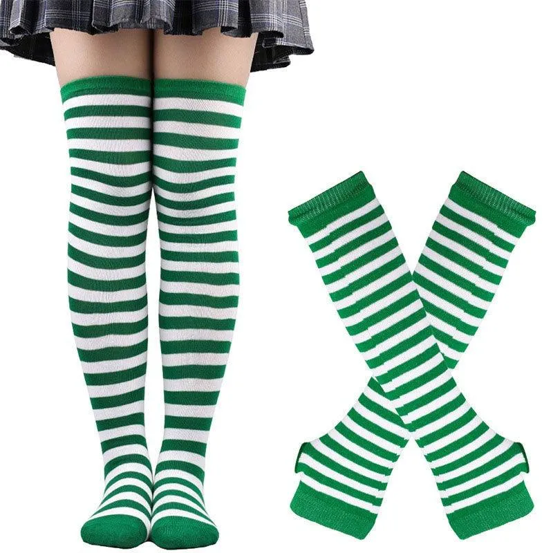 Matching Striped Arm Warmer and Thigh High Stocking Collection