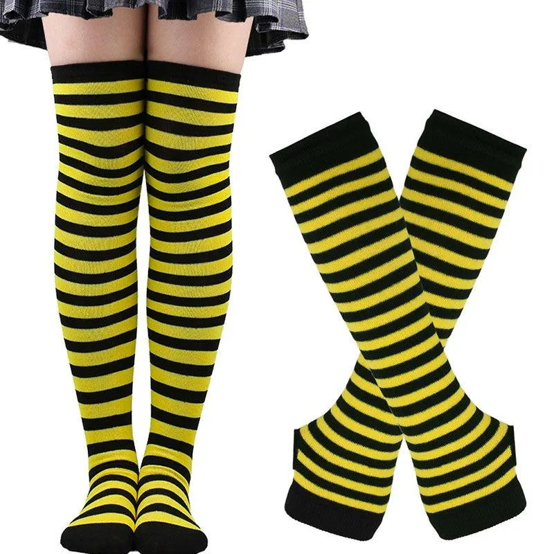 Matching Striped Arm Warmer and Thigh High Stocking Collection