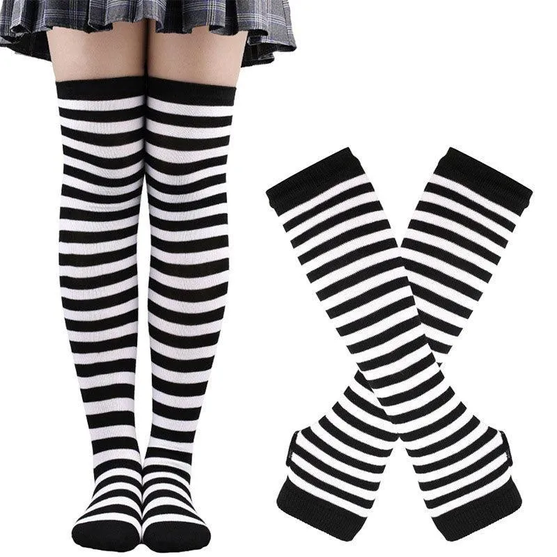 Matching Striped Arm Warmer and Thigh High Stocking Collection