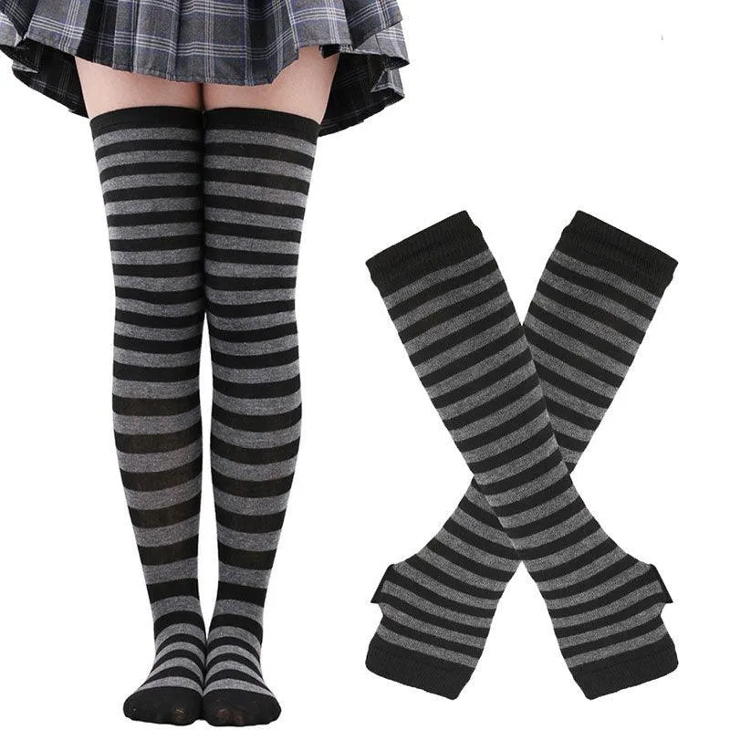 Matching Striped Arm Warmer and Thigh High Stocking Collection