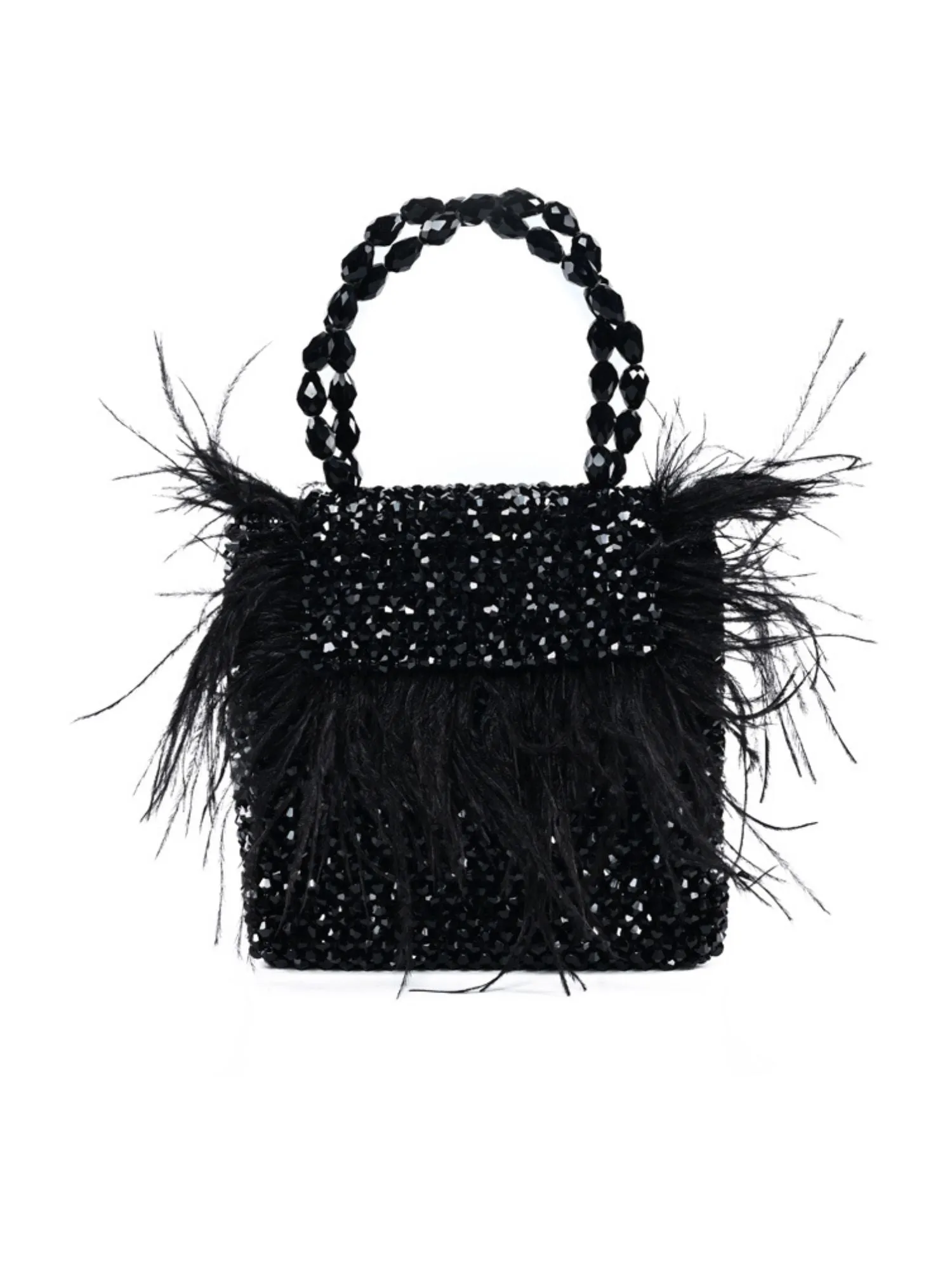 Natali Black Embellished Mini Bag With Feathers