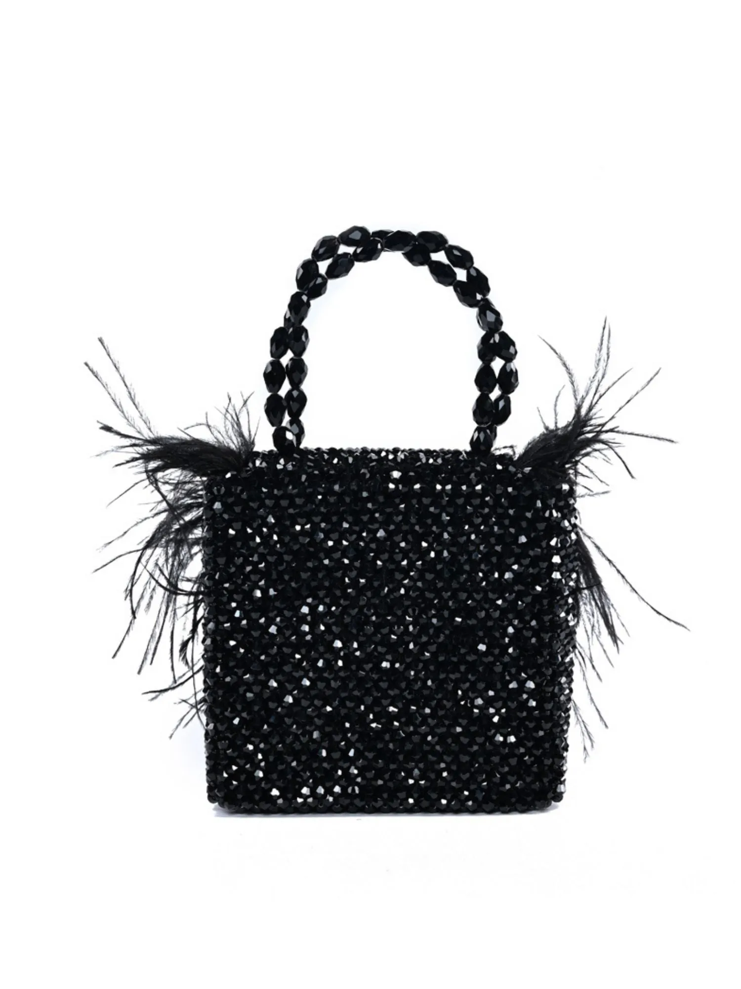 Natali Black Embellished Mini Bag With Feathers