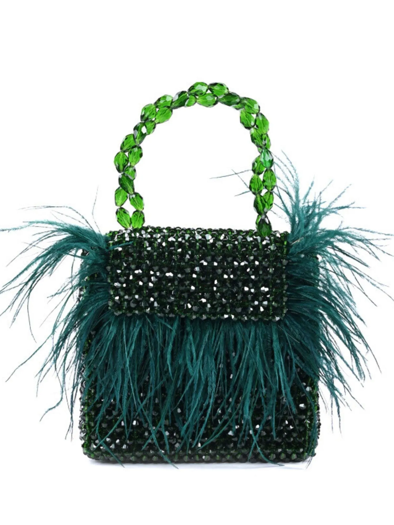 Natali Green Embellished Mini Bag With Feathers