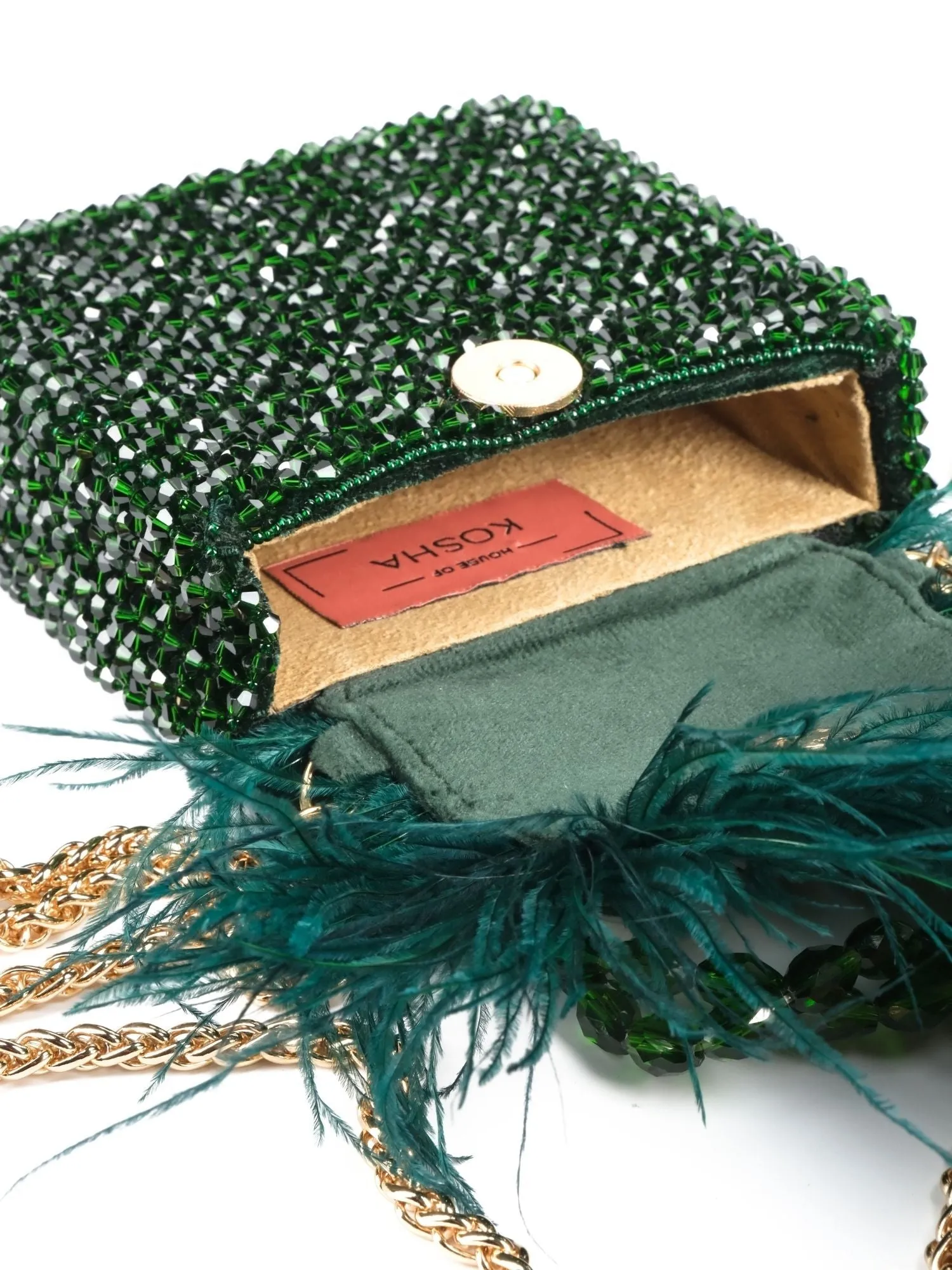 Natali Green Embellished Mini Bag With Feathers