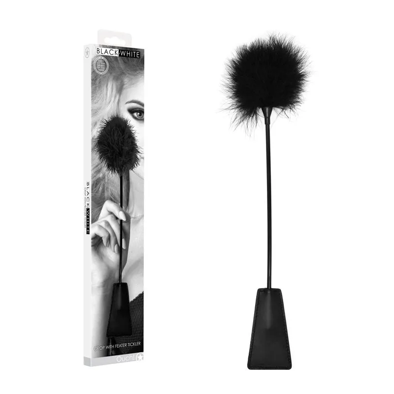 OUCH! Black & White Crop with Feather Tickler - Black 44 cm Feather Crop