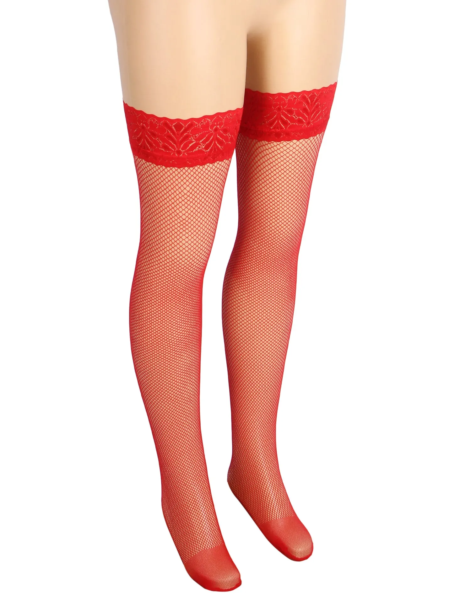 Red Fishnets Thigh High Stockings Silicone Lace Top Stay Up Sheer Hosiery