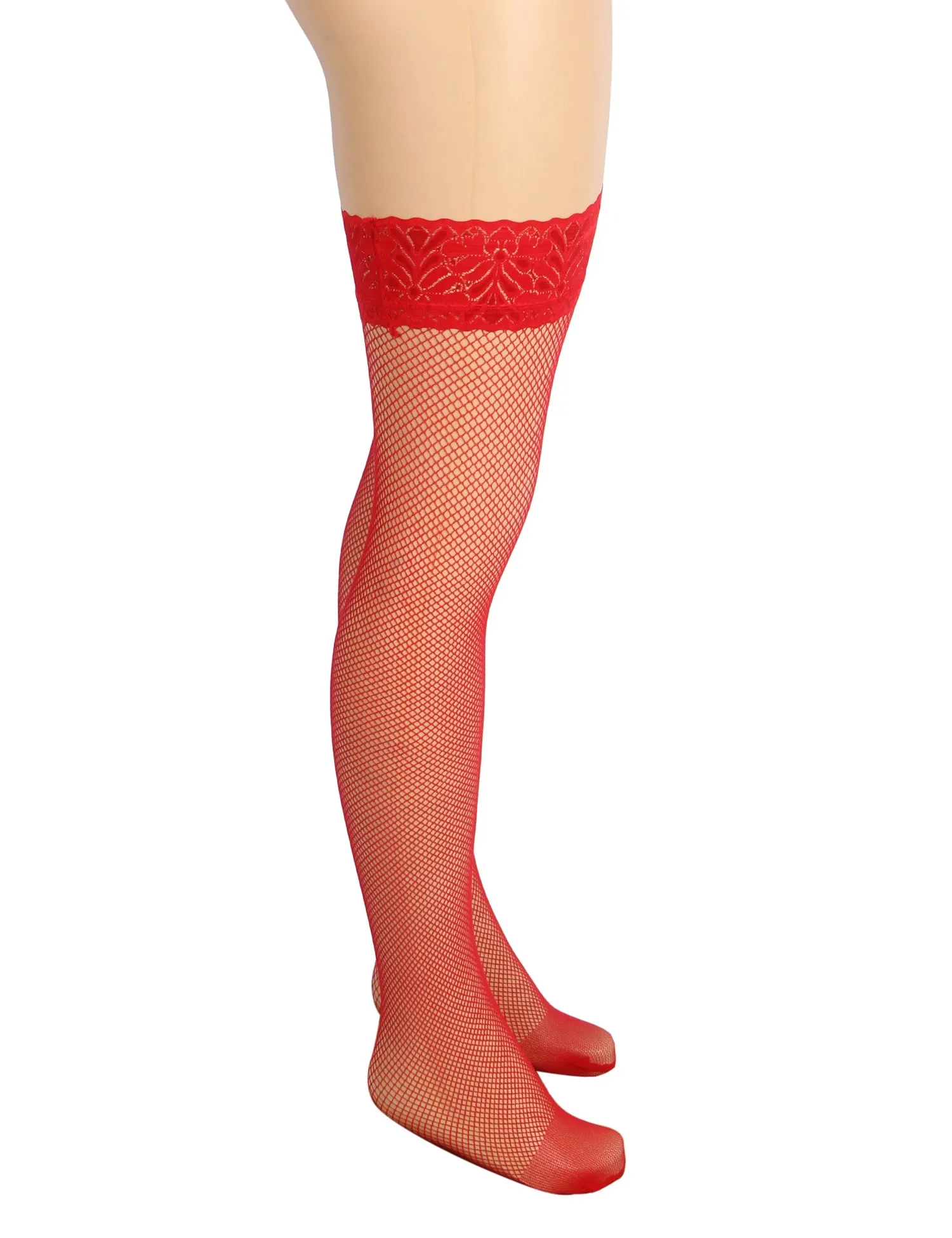 Red Fishnets Thigh High Stockings Silicone Lace Top Stay Up Sheer Hosiery