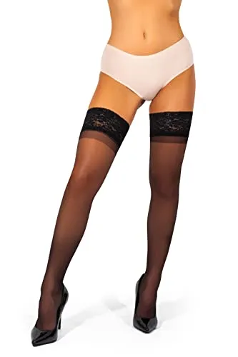 sofsy Lace Thigh High Stockings [Made in Italy] Black Sheer Stockings for Women Lingerie Top Thigh High 15 Den - S